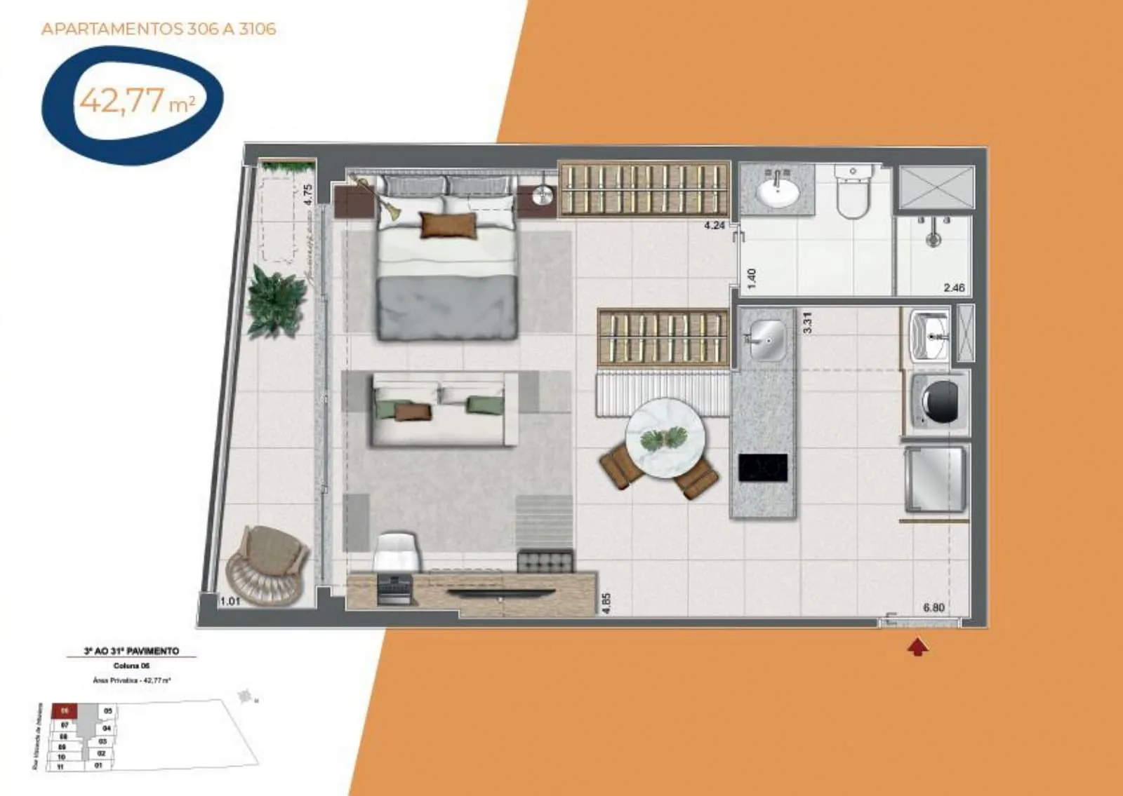 Planta 9: Residencial Skylux, studio de alto padrão no Centro, Rio de Janeiro