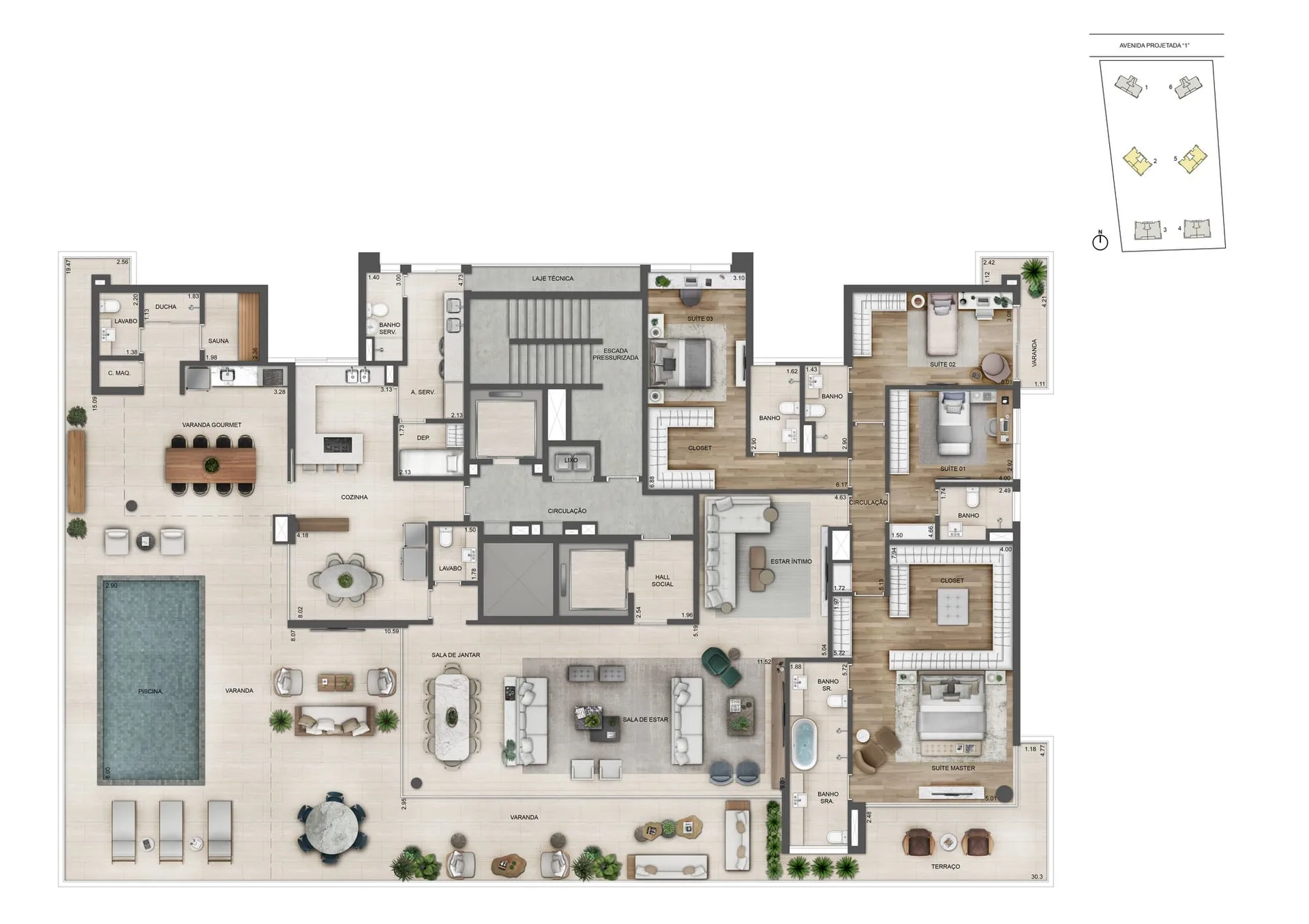 Planta 14: Oceana Golf Residence, apartamento de alto padrão na Barra da Tijuca, Rio de Janeiro