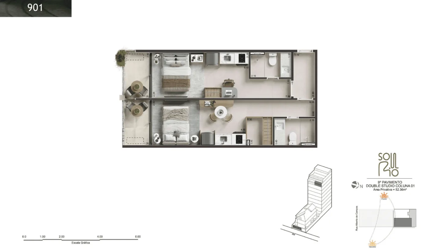 Planta 19: Soul Rio Ipanema, studio de alto padrão em Ipanema, Rio de Janeiro