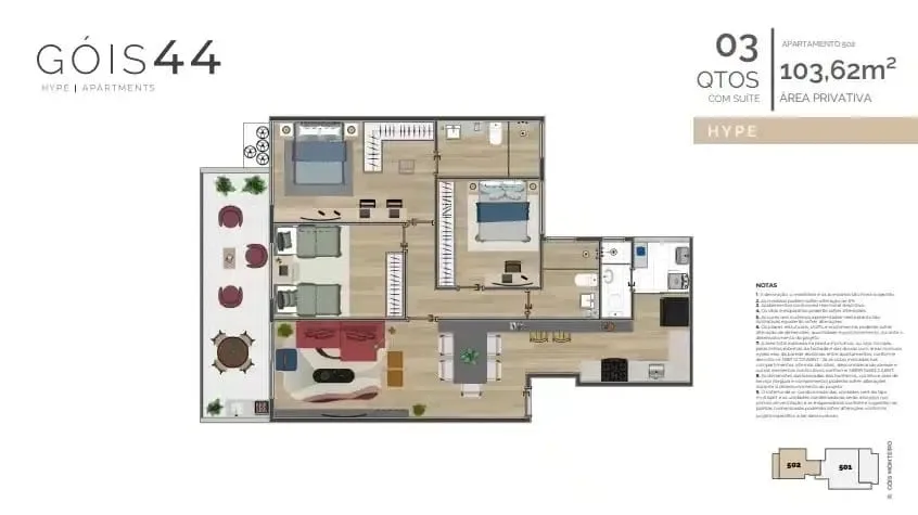 Planta 1: Góis 44 Hype Apartments, apartamento de alto padrão em Botafogo, Rio de Janeiro