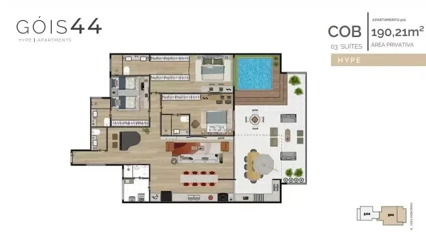 Planta 3: Góis 44 Hype Apartments, apartamento de alto padrão em Botafogo, Rio de Janeiro