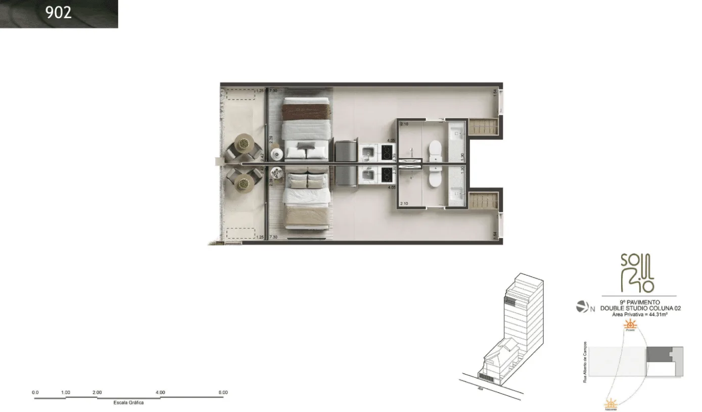 Planta 38: Soul Rio Ipanema, studio de alto padrão em Ipanema, Rio de Janeiro