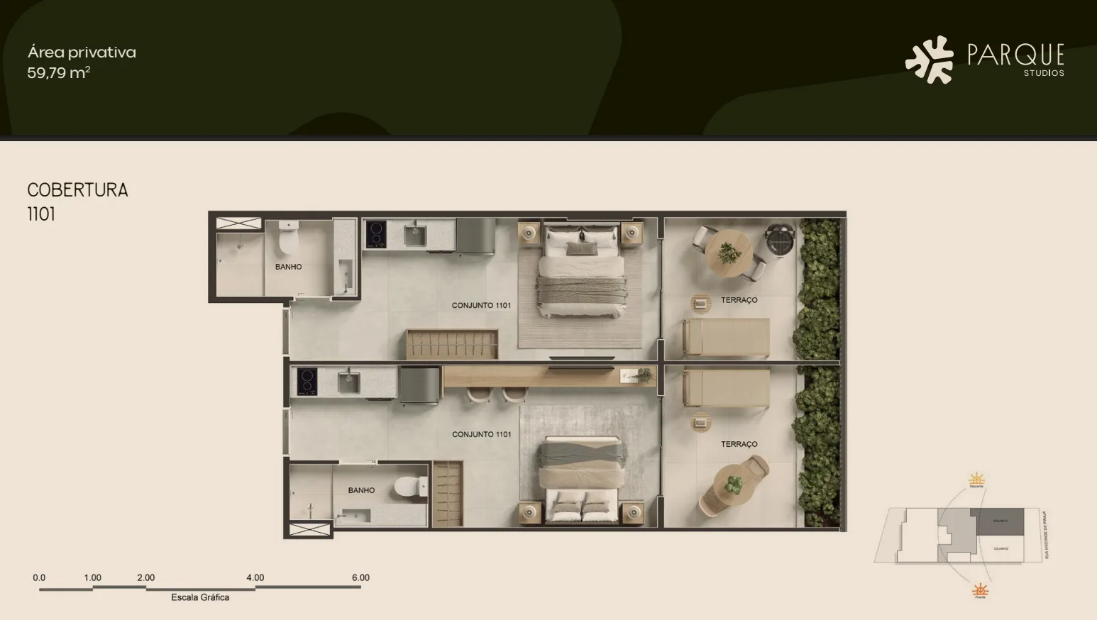 Planta 6: Parque Studios, studio de alto padrão em Ipanema, Rio de Janeiro