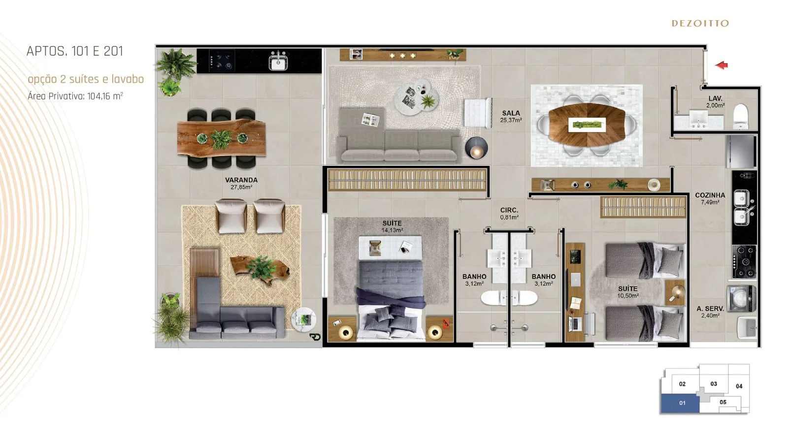Planta 3: Dezoitto Jardim Oceanico, apartamento de alto padrão na Barra da Tijuca, Rio de Janeiro