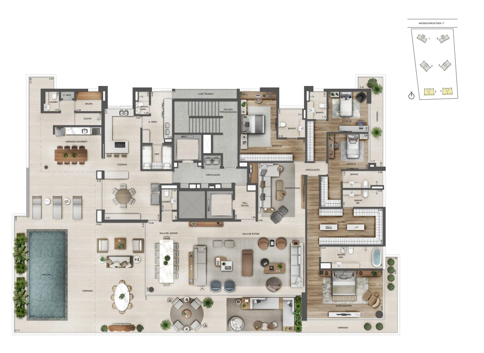 Planta 17: Oceana Golf Residence, apartamento de alto padrão na Barra da Tijuca, Rio de Janeiro