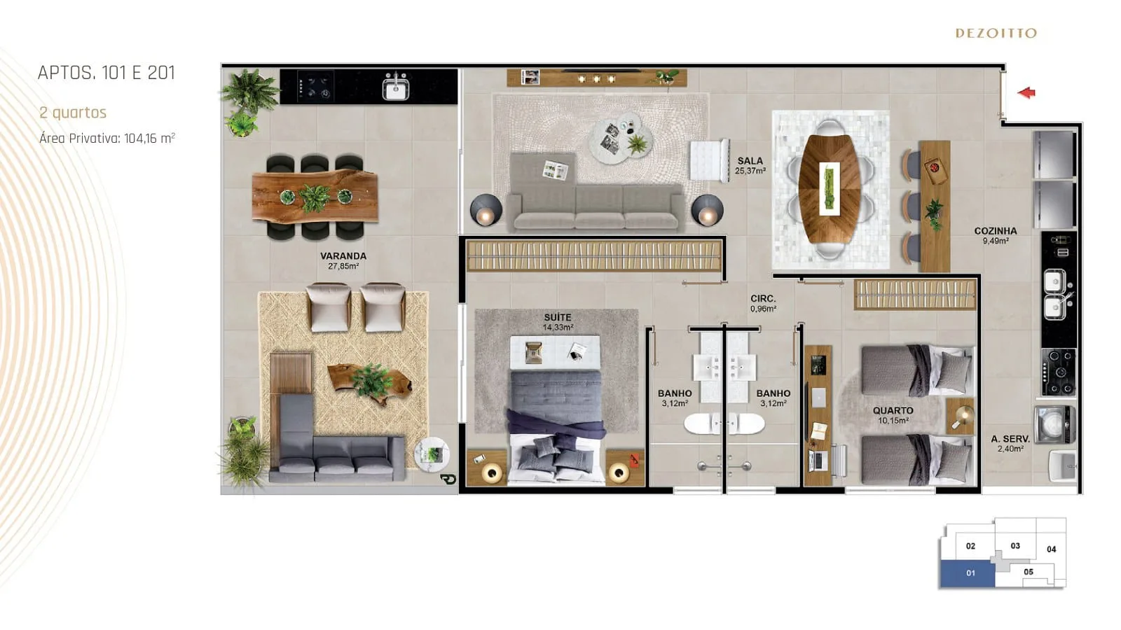Planta 1: Dezoitto Jardim Oceanico, apartamento de alto padrão na Barra da Tijuca, Rio de Janeiro