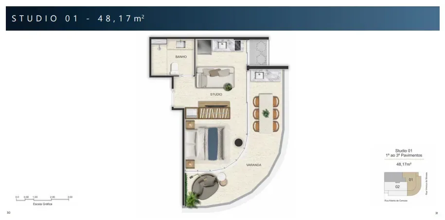 Planta 3: Vinicius 233, studio de alto padrão em Ipanema, Rio de Janeiro