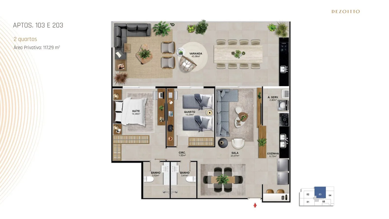 Planta 5: Dezoitto Jardim Oceanico, apartamento de alto padrão na Barra da Tijuca, Rio de Janeiro
