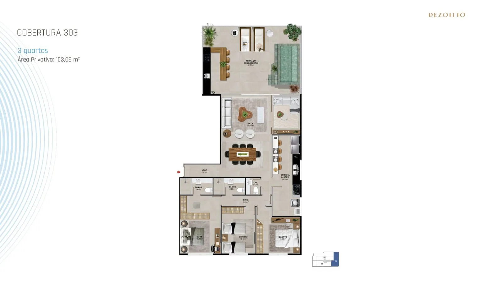 Planta 9: Dezoitto Jardim Oceanico, apartamento de alto padrão na Barra da Tijuca, Rio de Janeiro