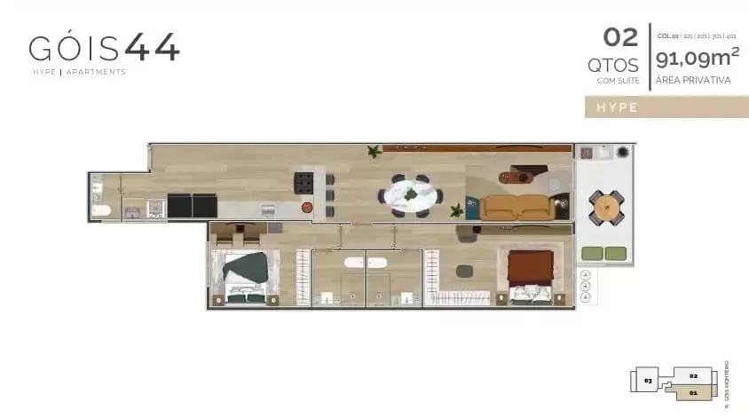 Planta 2: Góis 44 Hype Apartments, apartamento de alto padrão em Botafogo, Rio de Janeiro